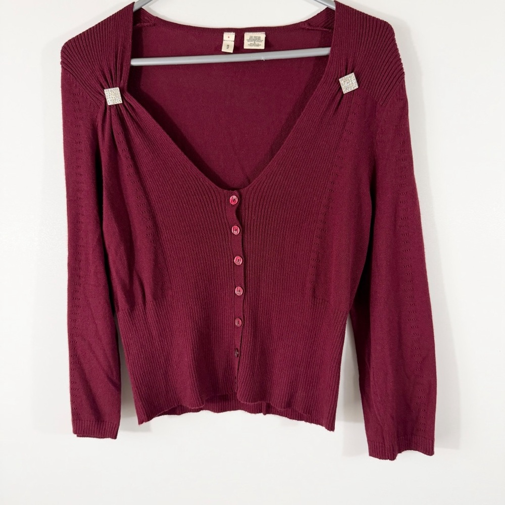 Anthropologie Moth Burgundy Maroon V Neck Button Down Sweater Size Small